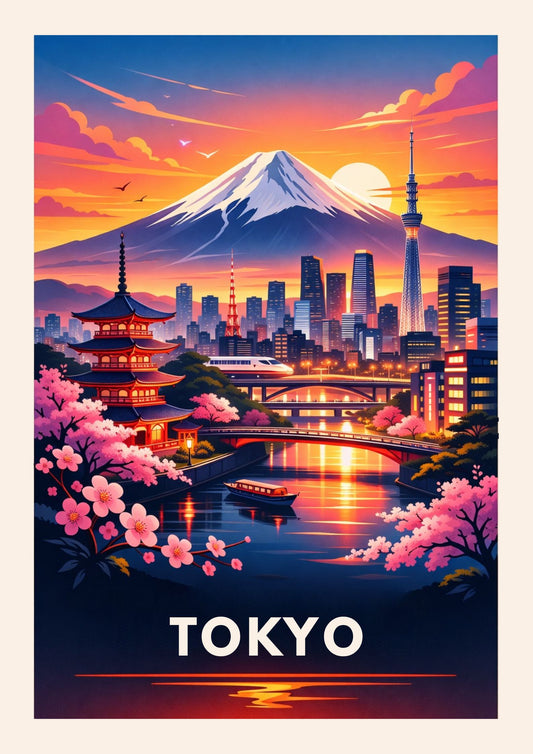 Tokyo Japan Travel Poster Mount Fuji Art Print Modern Cityscape Wall Decor Cherry Blossom Illustration Pagoda Wanderlust Gift
