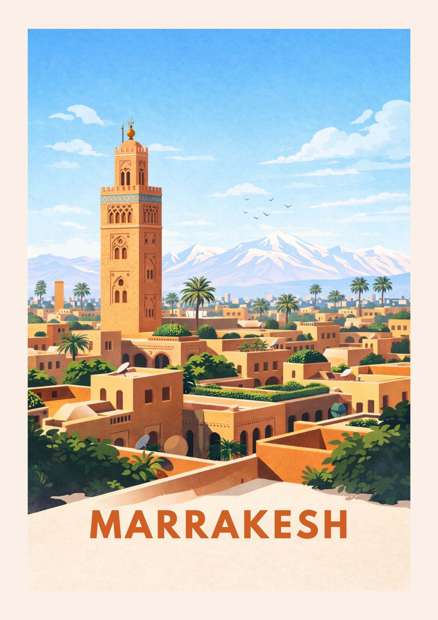 Marrakesh Morocco Travel Poster Koutoubia Mosque Art Print Modern Desert Cityscape Wall Decor Atlas Mountains Illustration Wanderlust Gift