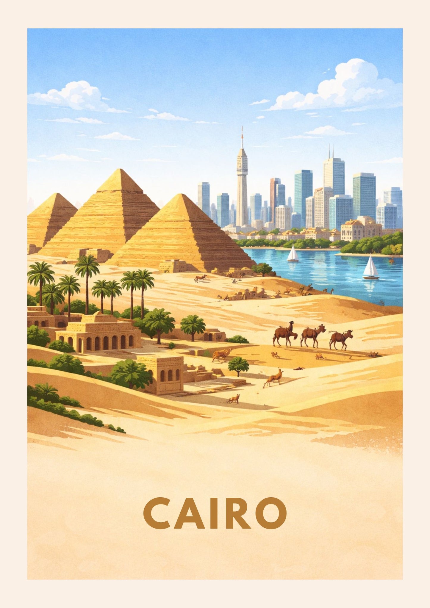 Cairo Egypt Travel Poster Great Pyramids of Giza Art Print Modern Cityscape Wall Decor Nile River Illustration Wanderlust Gift