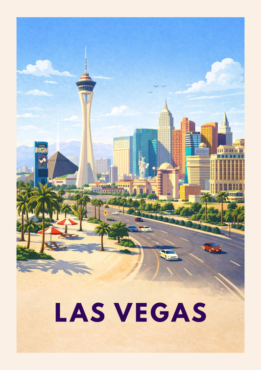 Las Vegas Nevada Travel Poster Stratosphere Art Print Modern Cityscape Wall Decor Strip Illustration Desert Wanderlust Gift