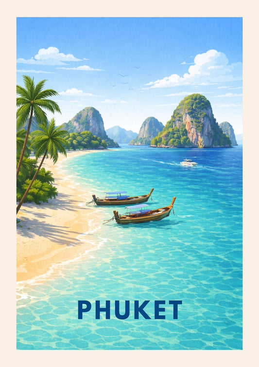 Phuket Thailand Travel Poster Andaman Sea Art Print Modern Coastal Wall Decor Tropical Island Illustration Wanderlust Gift