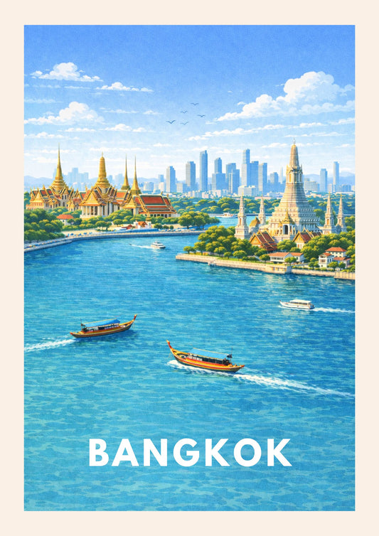 Bangkok Thailand Travel Poster Wat Arun Art Print Modern Cityscape Wall Decor Chao Phraya River Illustration Wanderlust Gift