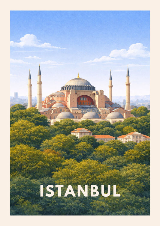 Istanbul Turkey Travel Poster Hagia Sophia Art Print Modern Cityscape Wall Decor Turkish Architecture Illustration Wanderlust Gift