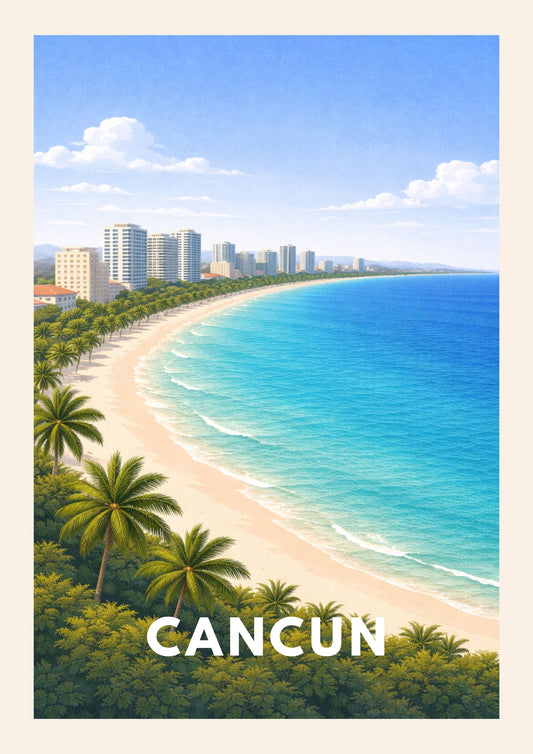 Cancun Mexico Travel Poster Riviera Maya Art Print Modern Coastal Wall Decor Tropical Beach Illustration Wanderlust Gift