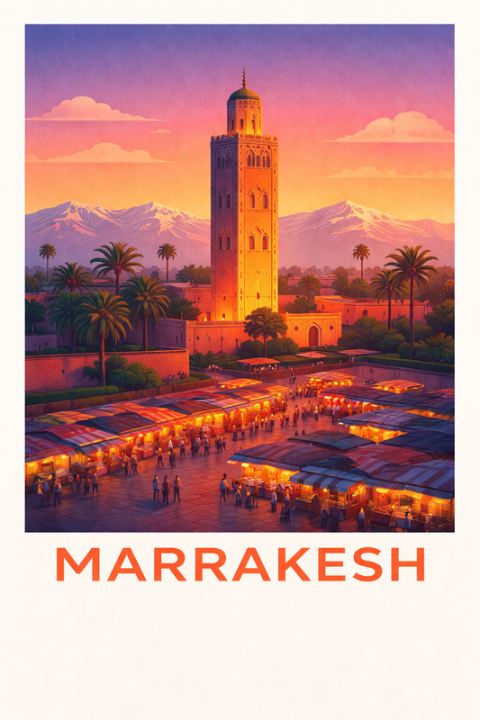 Marrakesh Morocco Travel Poster Koutoubia Mosque Art Print Modern Cityscape Wall Decor Jemaa el-Fnaa Sunset Illustration Wanderlust Gift