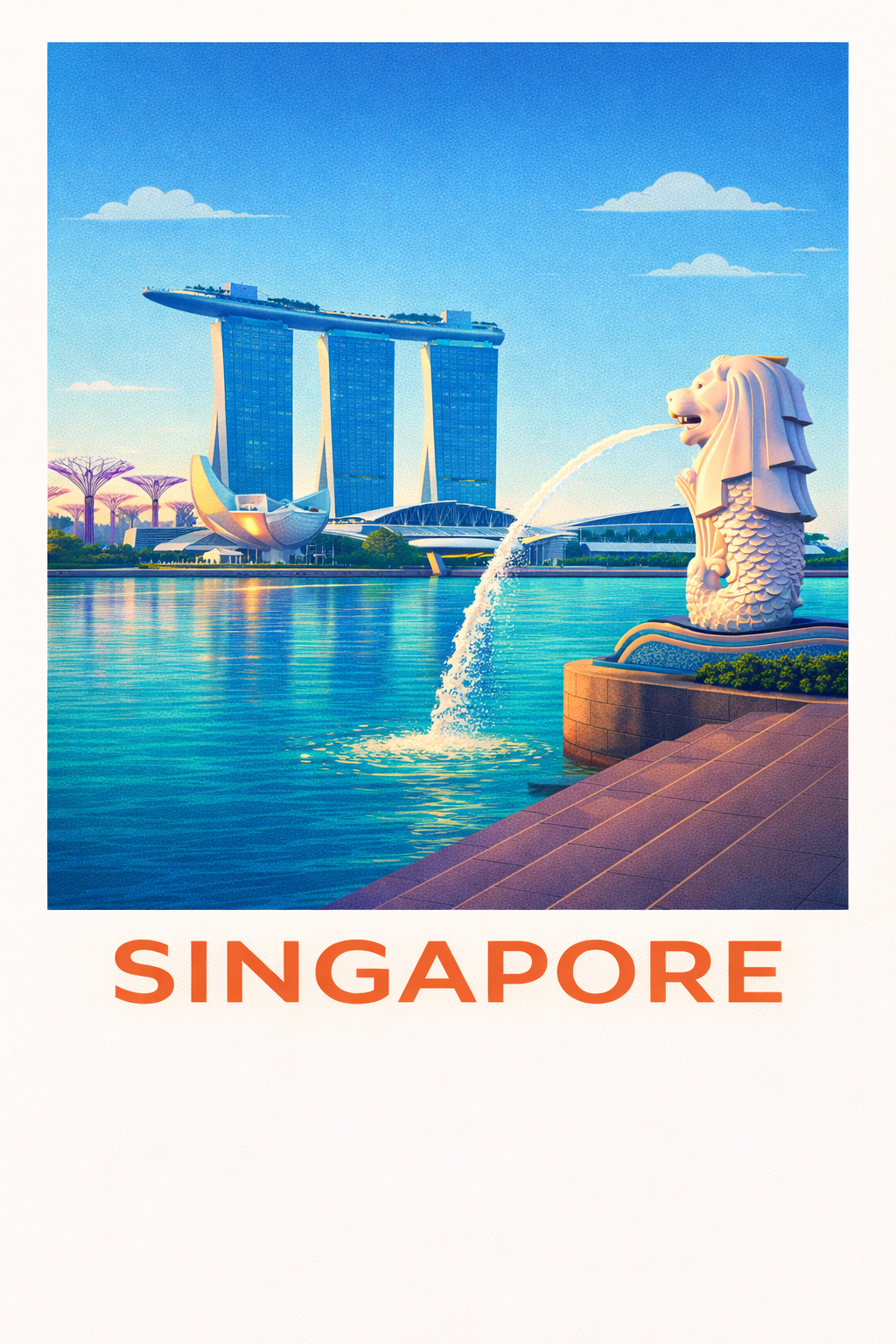 Singapore Travel Poster Merlion Art Print Modern Cityscape Wall Decor Marina Bay Sands Illustration Southeast Asia Wanderlust Gift