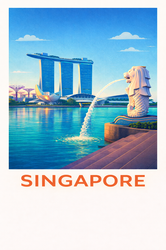 Singapore Travel Poster Merlion Art Print Modern Cityscape Wall Decor Marina Bay Sands Illustration Southeast Asia Wanderlust Gift
