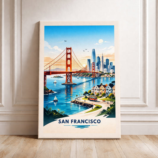 San Francisco California Travel Poster Golden Gate Bridge Art Print Modern Cityscape Wall Decor Painted Ladies Illustration Wanderlust Gift