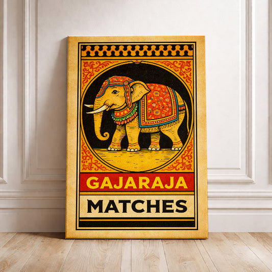Vintage Gajaraja Elephant Art Print Retro Matchbox Label Poster Indian Style Illustration Aesthetic Wall Decor Yoga Studio Gift