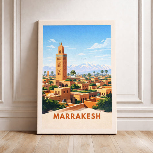 Marrakesh Morocco Travel Poster Koutoubia Mosque Art Print Modern Desert Cityscape Wall Decor Atlas Mountains Illustration Wanderlust Gift
