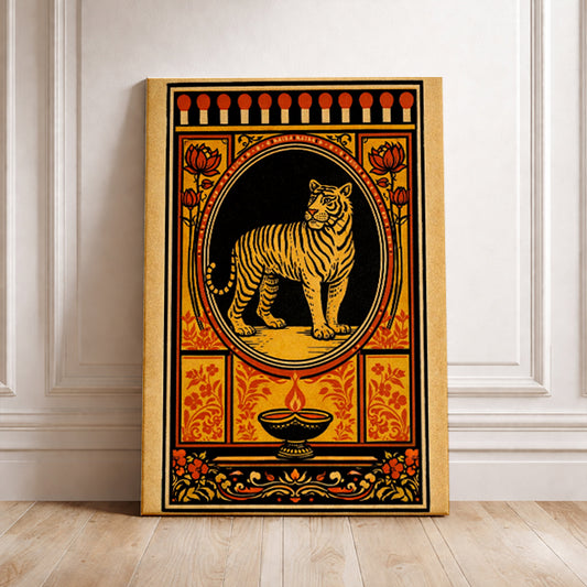 Vintage Bengal Tiger Art Print Retro Matchbox Label Poster Indian Style Illustration Aesthetic Wall Decor Yoga Studio Gift