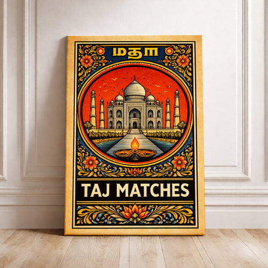 Taj Mahal Vintage Matchbox Art Print Retro Indian Style Travel Poster Aesthetic Wall Decor Taj Matches Illustration World Wonder Gift