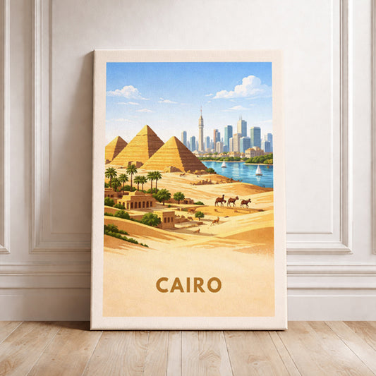 Cairo Egypt Travel Poster Great Pyramids of Giza Art Print Modern Cityscape Wall Decor Nile River Illustration Wanderlust Gift