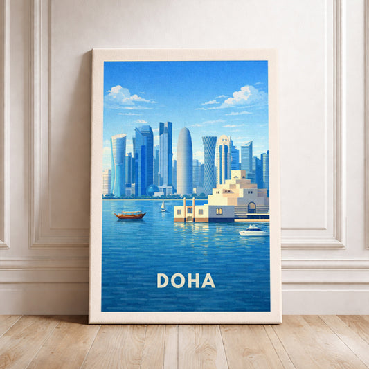 Doha Qatar Travel Poster West Bay Art Print Modern Cityscape Wall Decor Museum of Islamic Art Illustration Wanderlust Gift