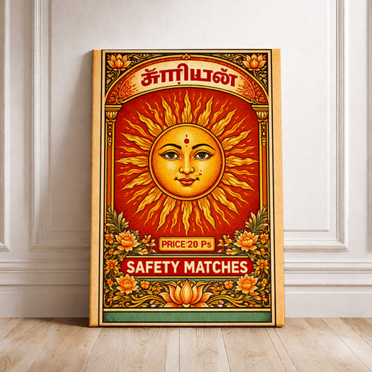 Vintage Surya Sun Art Print Retro Matchbox Label Poster Indian Style Illustration Aesthetic Wall Decor Yoga Studio Gift Celestial Art