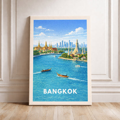 Bangkok Thailand Travel Poster Wat Arun Art Print Modern Cityscape Wall Decor Chao Phraya River Illustration Wanderlust Gift