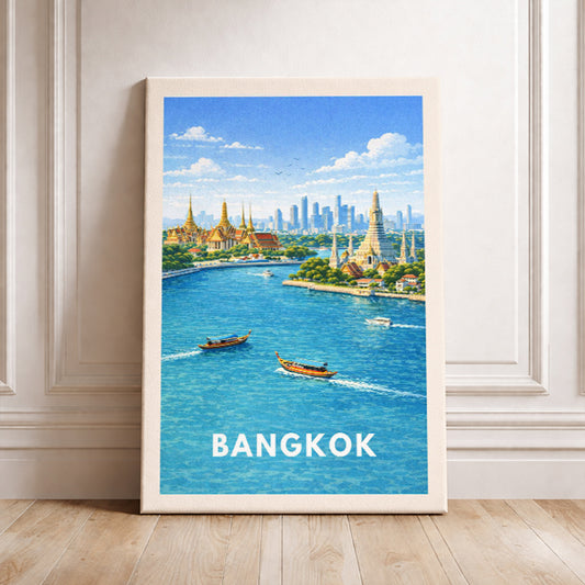 Bangkok Thailand Travel Poster Wat Arun Art Print Modern Cityscape Wall Decor Chao Phraya River Illustration Wanderlust Gift