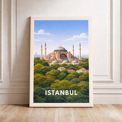 Istanbul Turkey Travel Poster Hagia Sophia Art Print Modern Cityscape Wall Decor Turkish Architecture Illustration Wanderlust Gift