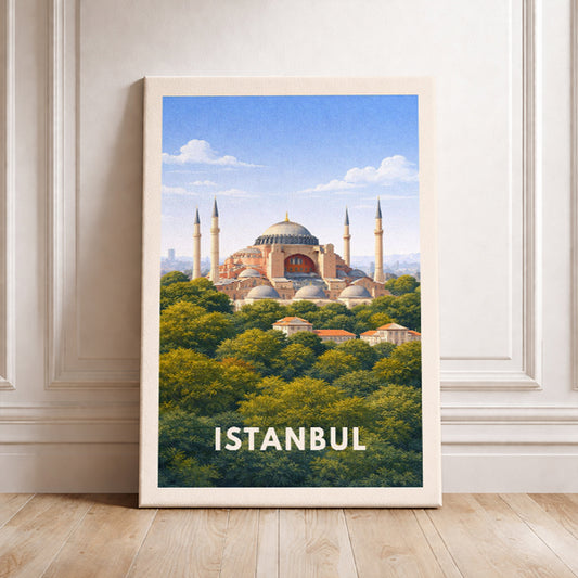 Istanbul Turkey Travel Poster Hagia Sophia Art Print Modern Cityscape Wall Decor Turkish Architecture Illustration Wanderlust Gift