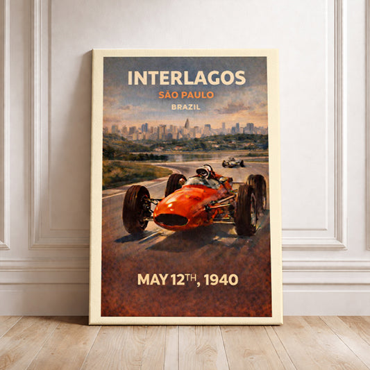 Interlagos São Paulo Art Print Vintage Racing Poster Brazil F1 Wall Decor Formula 1 History Gift Classic Race Car, Sao Paulo Skyline