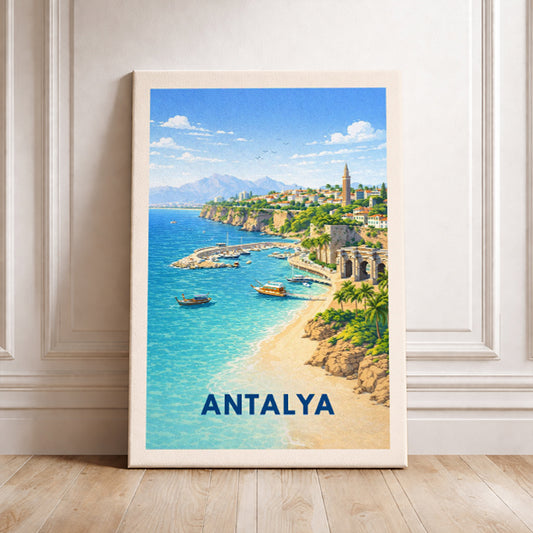Antalya Turkey Travel Poster Modern Coastal Wall Decor Mediterranean Art Illustration Turkish Riviera Gift Seaside Landscape Print