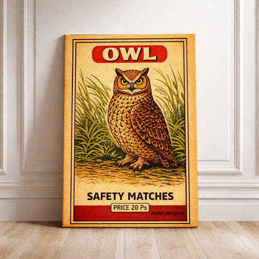 Vintage Owl Safety Matches Art Print Retro Matchbox Label Poster Antique-Style Illustration Cabin Decor Gift