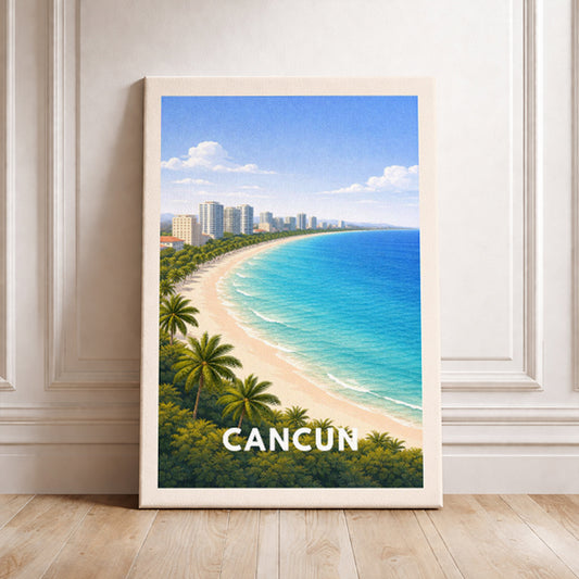 Cancun Mexico Travel Poster Riviera Maya Art Print Modern Coastal Wall Decor Tropical Beach Illustration Wanderlust Gift