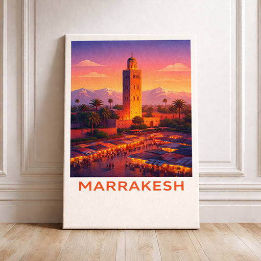 Marrakesh Morocco Travel Poster Koutoubia Mosque Art Print Modern Cityscape Wall Decor Jemaa el-Fnaa Sunset Illustration Wanderlust Gift