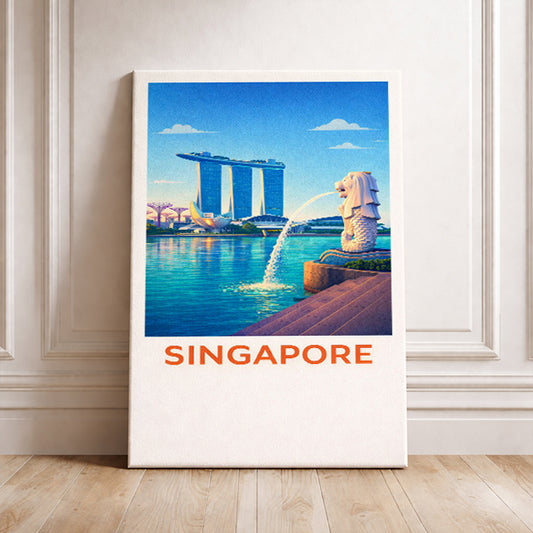 Singapore Travel Poster Merlion Art Print Modern Cityscape Wall Decor Marina Bay Sands Illustration Southeast Asia Wanderlust Gift