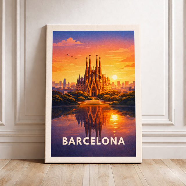 Barcelona Spain Travel Poster Sagrada Familia Art Print Modern Cityscape Wall Decor Spanish Sunset Illustration Wanderlust Gift