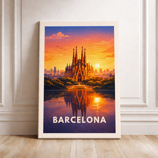 Barcelona Spain Travel Poster Sagrada Familia Art Print Modern Cityscape Wall Decor Spanish Sunset Illustration Wanderlust Gift