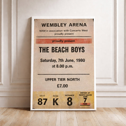 The Beach Boys Wembley Arena 1980 Vintage Concert Ticket Art Print Retro Music Poster Classic Rock Wall Decor Nostalgic Gig Souvenir Gift