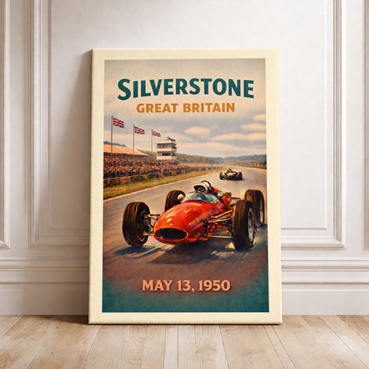 Silverstone Great Britain Art Print Vintage Racing Poster British Grand Prix Wall Decor F1 History Gift Classic Race Car, UK Motorsport