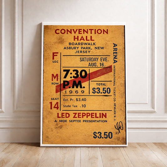 Led Zeppelin Convention Hall 1969 Vintage Concert Ticket Art Print Retro Music Poster Classic Rock Wall Decor Asbury Park Gig Souvenir Gift