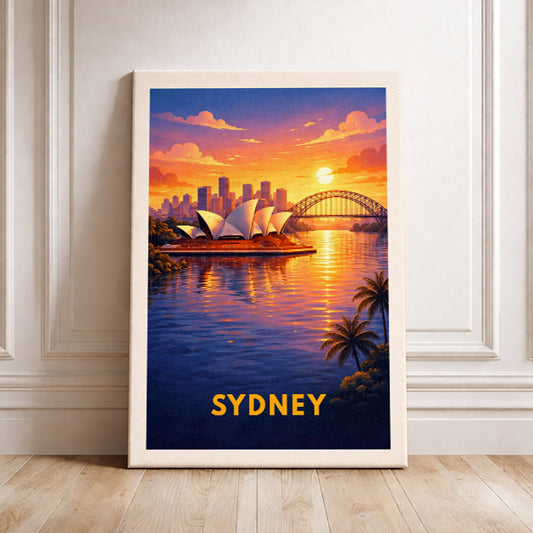 Sydney Australia Travel Poster Opera House Harbour Bridge Wall Decor Modern Cityscape Art Sunset Illustration Wanderlust Gift