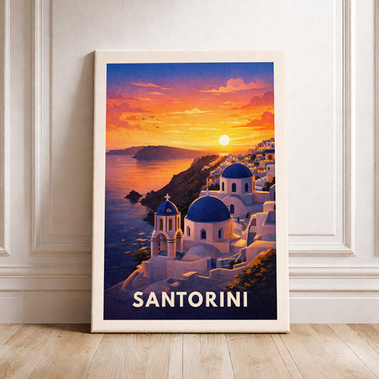 Santorini Greece Travel Poster Oia Sunset Art Print Modern Coastal Wall Decor Mediterranean Cyclades Illustration Wanderlust Gift