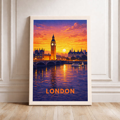 London England Travel Poster Big Ben Art Print Modern Cityscape Wall Decor British Sunset Illustration Westminster Wanderlust Gift