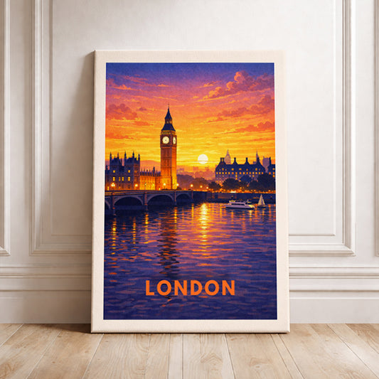 London England Travel Poster Big Ben Art Print Modern Cityscape Wall Decor British Sunset Illustration Westminster Wanderlust Gift