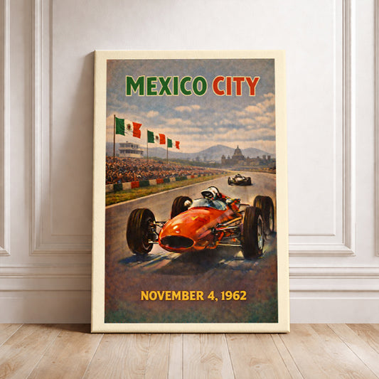 Mexico City Art Print, Vintage Racing Poster, Mexican Grand Prix Wall Decor, F1 History Gift, Classic Race Car, Retro Auto Sport.