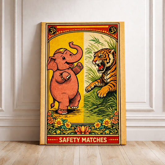 Vintage Elephant and Tiger Art Print Retro Matchbox Label Poster Indian Style Illustration Aesthetic Wall Decor Nursery Travel Gift
