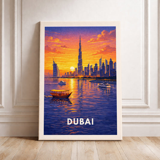 Dubai UAE Travel Poster Burj Khalifa Art Print Modern Cityscape Wall Decor United Arab Emirates Sunset Illustration Wanderlust Gift