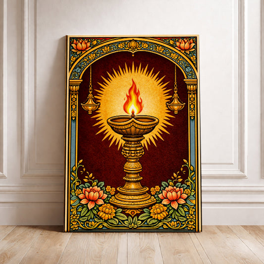 Vintage Sacred Flame Art Print Retro Matchbox Label Poster Indian Style Oil Lamp Illustration Aesthetic Wall Decor Yoga Studio Gift