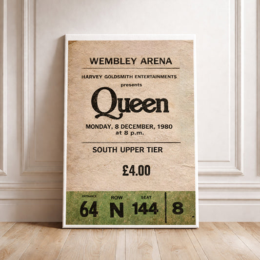 Queen Wembley Arena 1980 Vintage Concert Ticket Art Print Retro Music Poster Classic Rock Wall Decor Freddie Mercury Gig Souvenir Gift