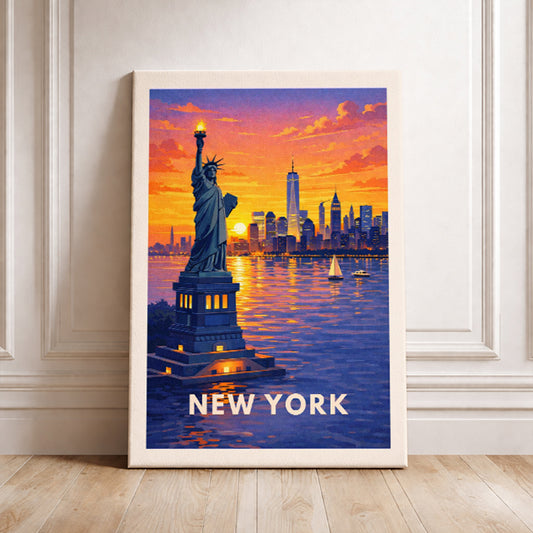 New York City Travel Poster Statue of Liberty Art Print Modern Cityscape Wall Decor NYC Sunset Illustration Manhattan Wanderlust Gift