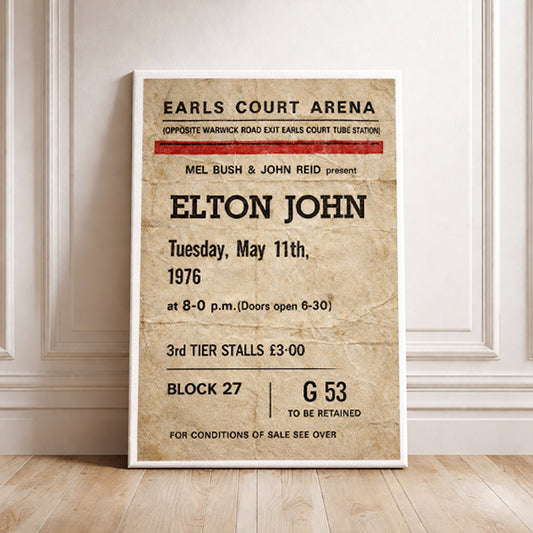 Elton John Earls Court Arena 1976 Vintage Concert Ticket Art Print Retro Music Poster Classic Rock Wall Decor Rocketman Gig Souvenir Gift