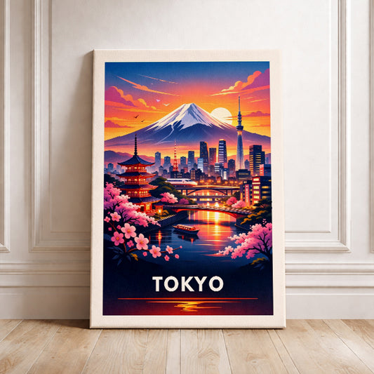 Tokyo Japan Travel Poster Mount Fuji Art Print Modern Cityscape Wall Decor Cherry Blossom Illustration Pagoda Wanderlust Gift