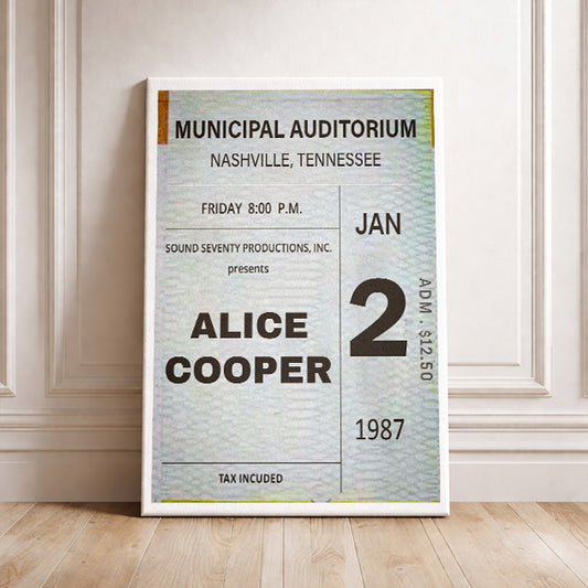 Alice Cooper Municipal Auditorium Nashville 1987 Vintage Concert Ticket Art Print Retro Music Poster Rock Wall Decor Heavy Metal Gig Souvenir Gift