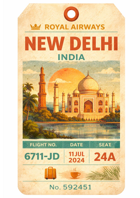 New Delhi India Travel Art – Vintage Luggage Tag Style Retro Boarding Pass Wall Decor