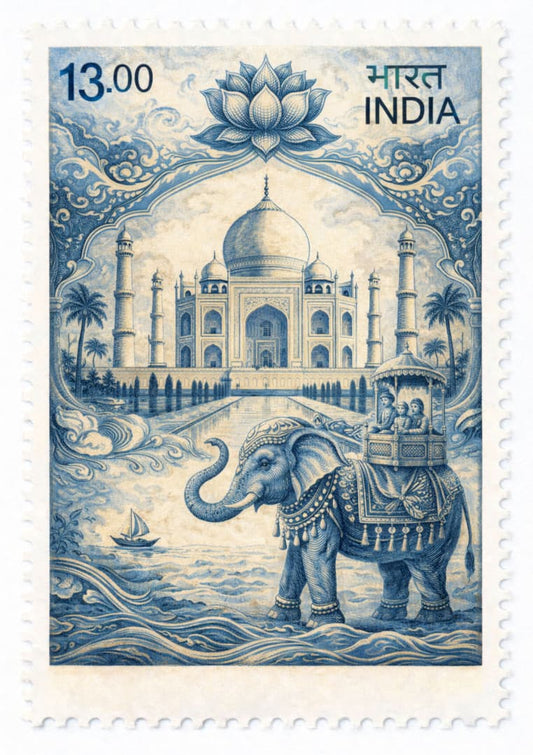 Vintage Indian Postage Stamp Wall Art – Taj Mahal & Elephant Blue Illustration Poster