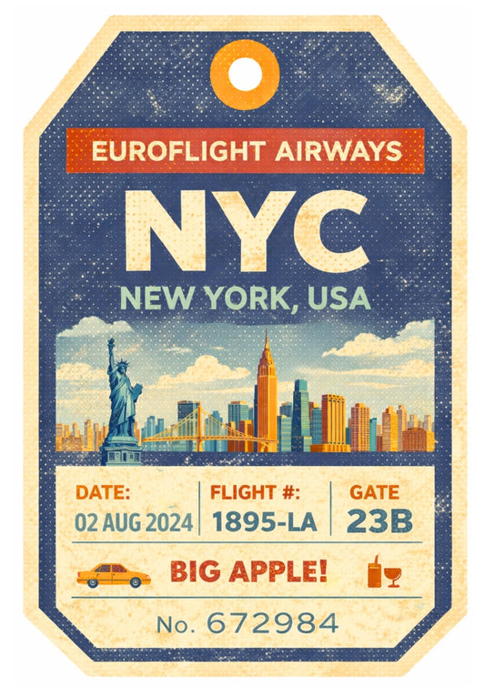 NYC New York Travel Art – Vintage Luggage Tag Style Retro Boarding Pass Wall Decor